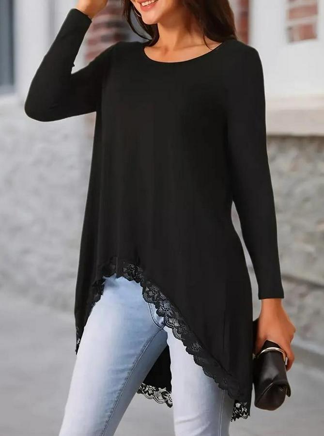 Uzun Kollu Bisiklet Yaka Asimetrik Kesim Detaylı Dantelli Viskon Bluz