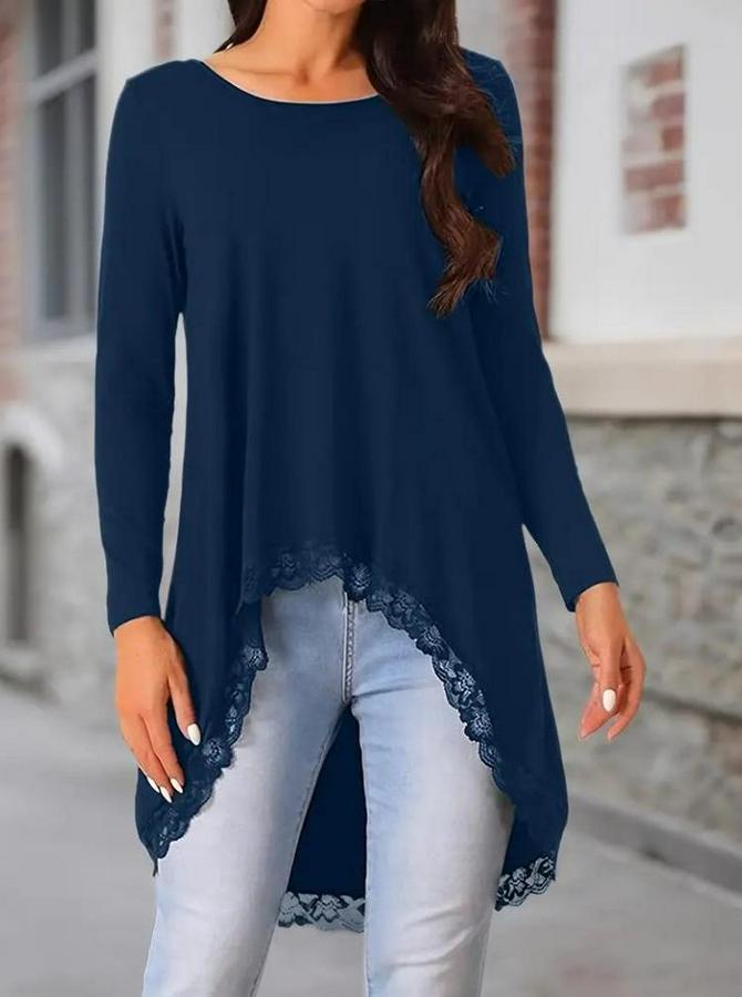 Uzun Kollu Bisiklet Yaka Asimetrik Kesim Detaylı Dantelli Viskon Bluz