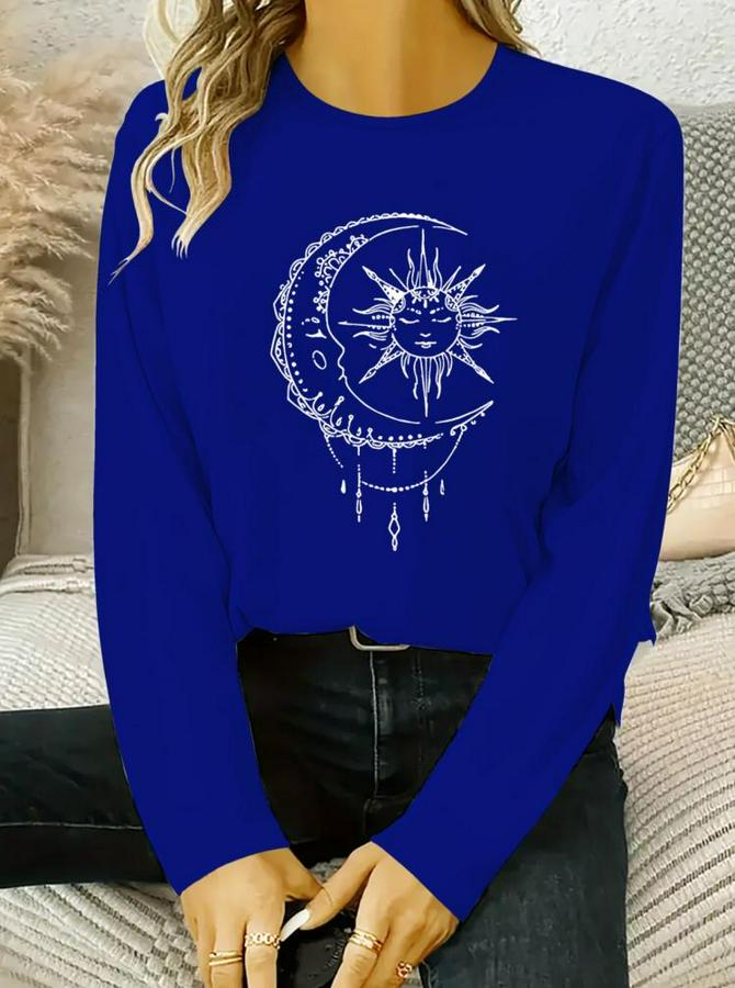 Uzun Kollu Bisiklet Yaka Ay Baskılı Viskon Bluz