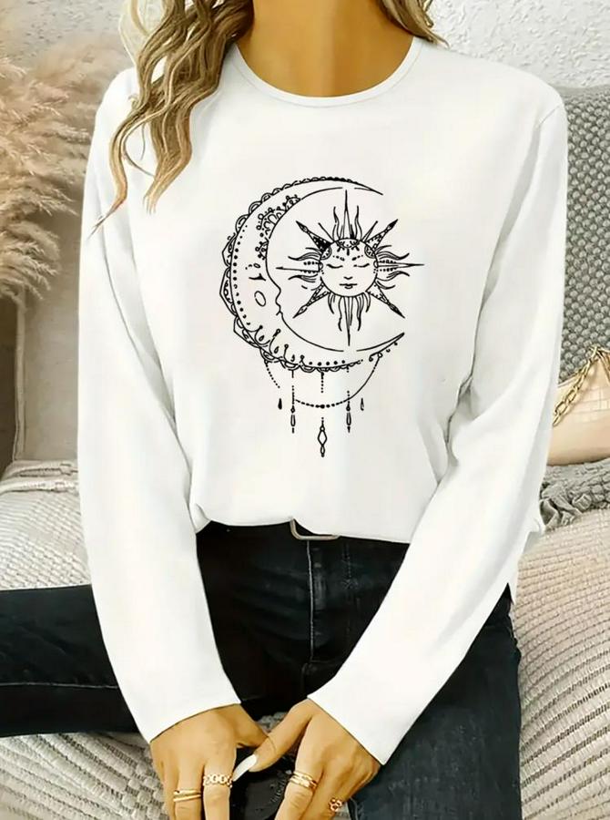 Uzun Kollu Bisiklet Yaka Ay Baskılı Viskon Bluz