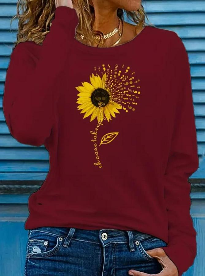 Uzun Kollu Bisiklet Yaka Ayçiçeği Desenli Viskon Bluz