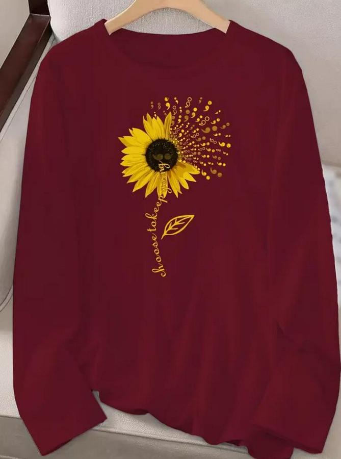 Uzun Kollu Bisiklet Yaka Ayçiçeği Desenli Viskon Bluz