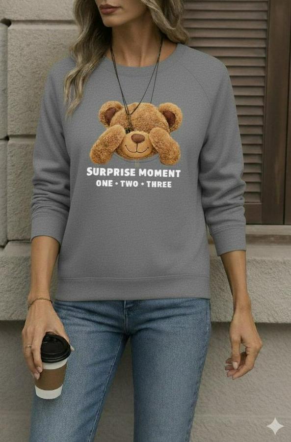 Uzun Kollu Bisiklet Yaka Ayıcık Desenli Viskon Iki Iplik Bluz