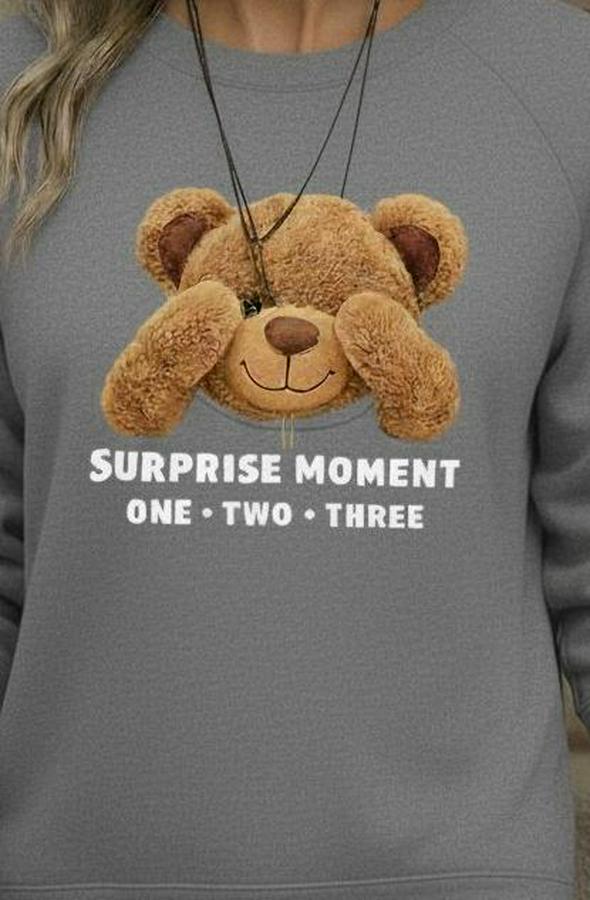 Uzun Kollu Bisiklet Yaka Ayıcık Desenli Viskon Iki Iplik Bluz