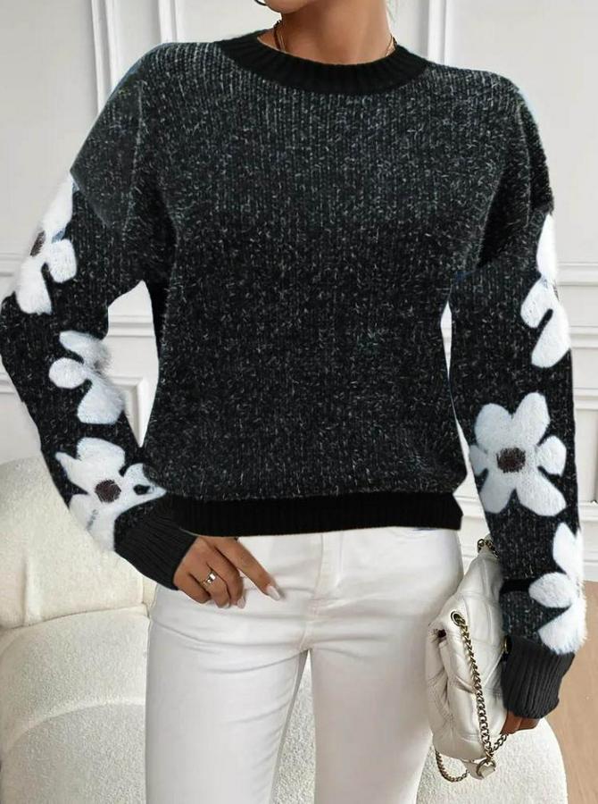 Uzun Kollu Bisiklet Yaka Çiçek Desenli Triko Bluz