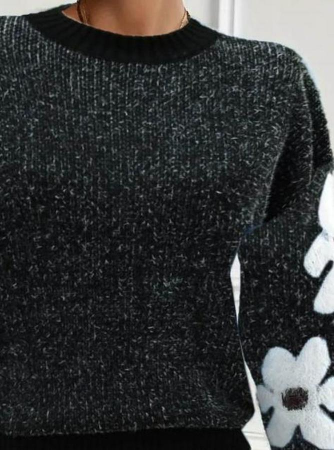 Uzun Kollu Bisiklet Yaka Çiçek Desenli Triko Bluz