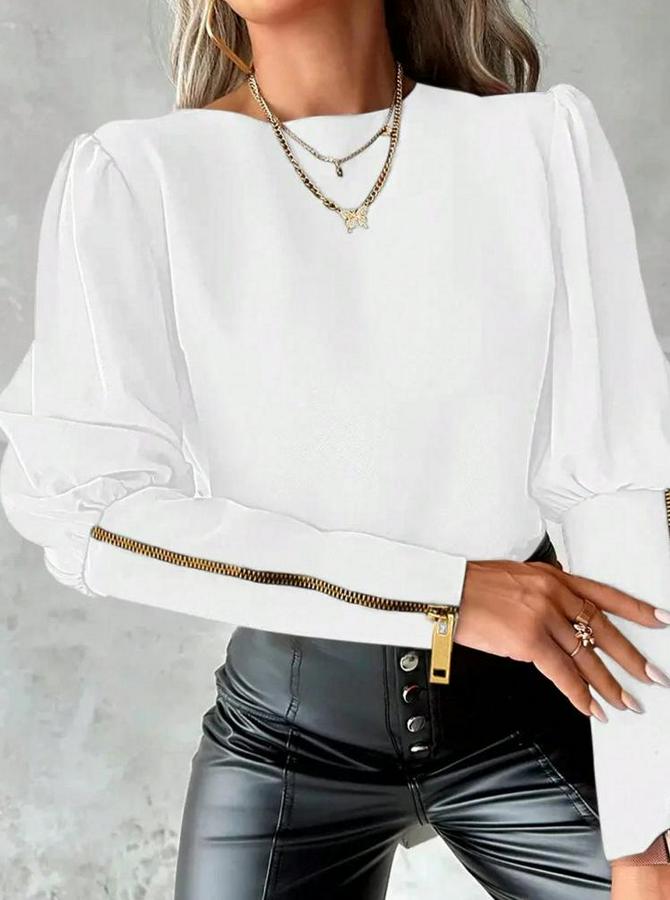 Uzun Kollu Bisiklet Yaka Fermuar Detaylı Ithal Krep Bluz