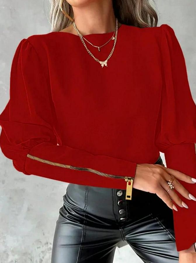 Uzun Kollu Bisiklet Yaka Fermuar Detaylı Ithal Krep Bluz