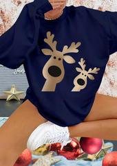 Uzun Kollu Bisiklet Yaka Geyik Desenli Viskon Iki Iplik Bluz