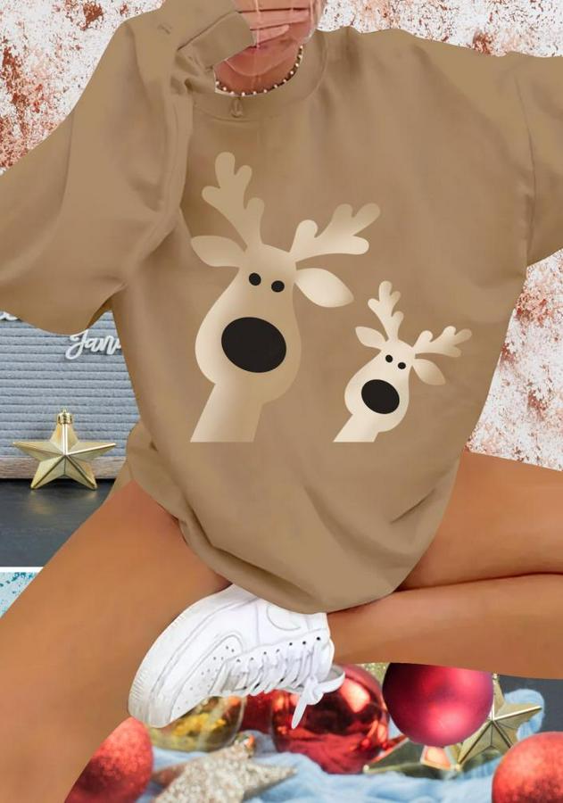 Uzun Kollu Bisiklet Yaka Geyik Desenli Viskon Iki Iplik Bluz