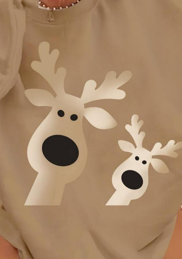 Uzun Kollu Bisiklet Yaka Geyik Desenli Viskon Iki Iplik Bluz