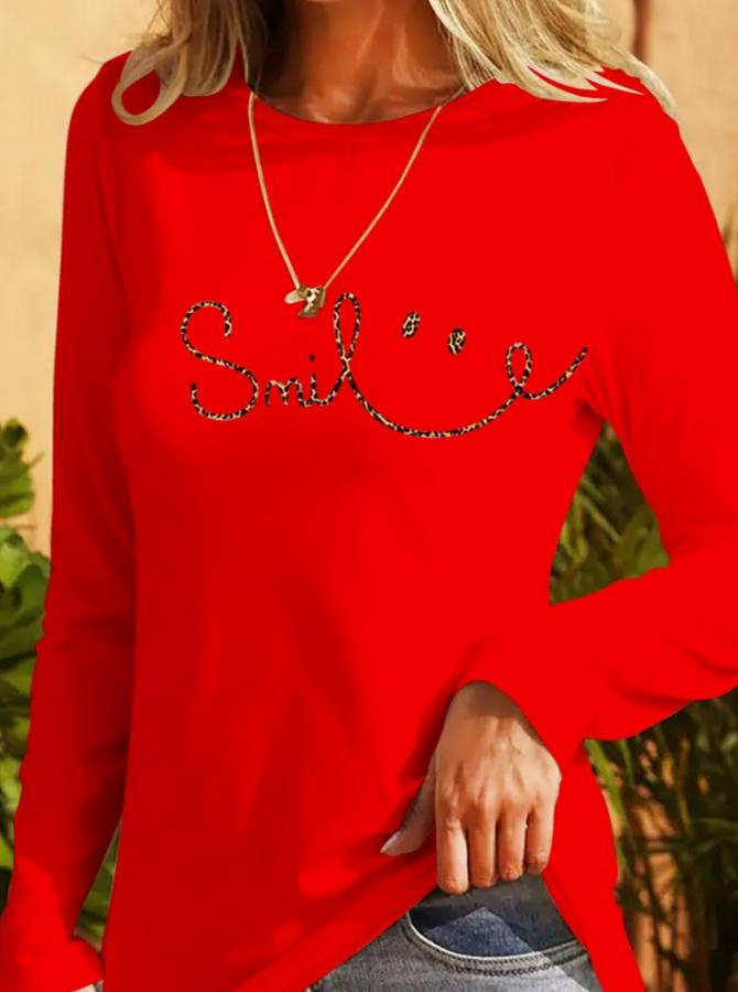 Uzun Kollu Bisiklet Yaka Gülümseyen Surat Desenli Viskon Bluz