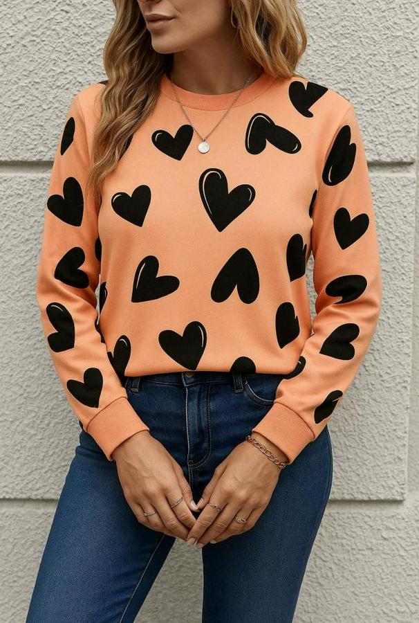 Uzun Kollu Bisiklet Yaka Kalp Desenli Iki Iplik Bluz