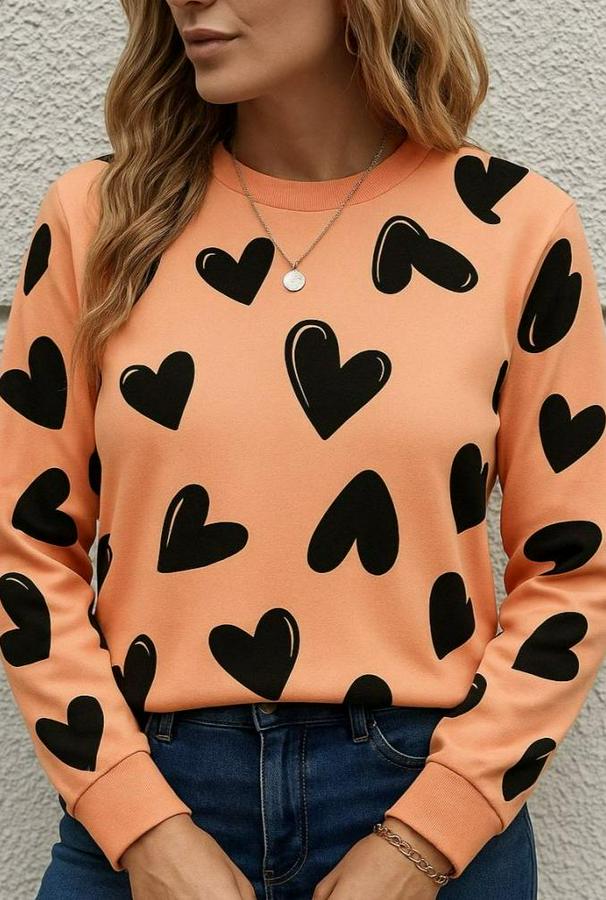 Uzun Kollu Bisiklet Yaka Kalp Desenli Iki Iplik Bluz