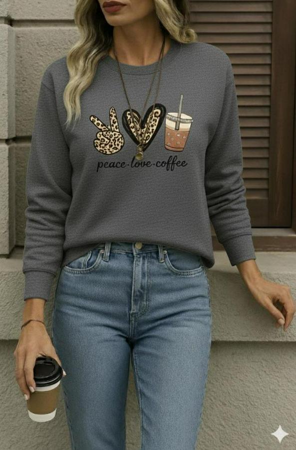 Uzun Kollu Bisiklet Yaka Kalp Desenli Viskon Iki Iplik Bluz