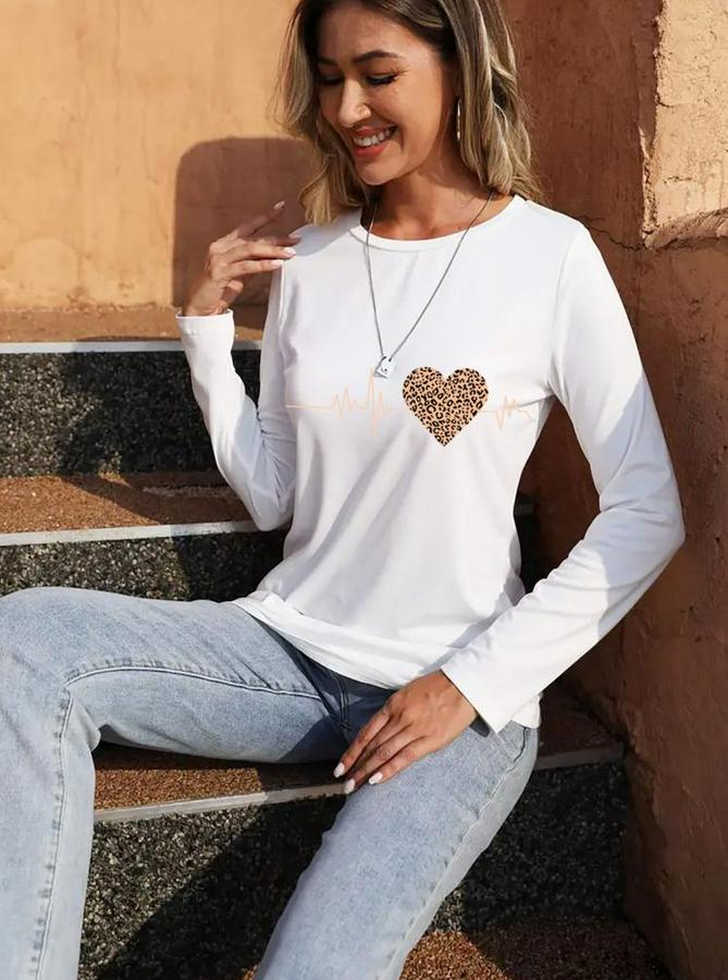 Uzun Kollu Bisiklet Yaka Kalp Desenli Bluz