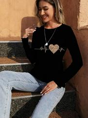 Uzun Kollu Bisiklet Yaka Kalp Desenli Bluz