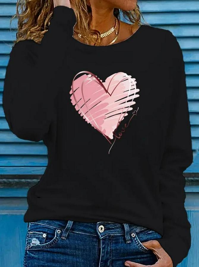 Uzun Kollu Bisiklet Yaka Kalp Desenli Viskon Bluz