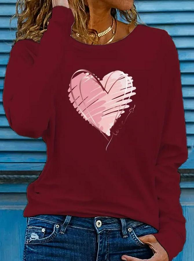 Uzun Kollu Bisiklet Yaka Kalp Desenli Viskon Bluz