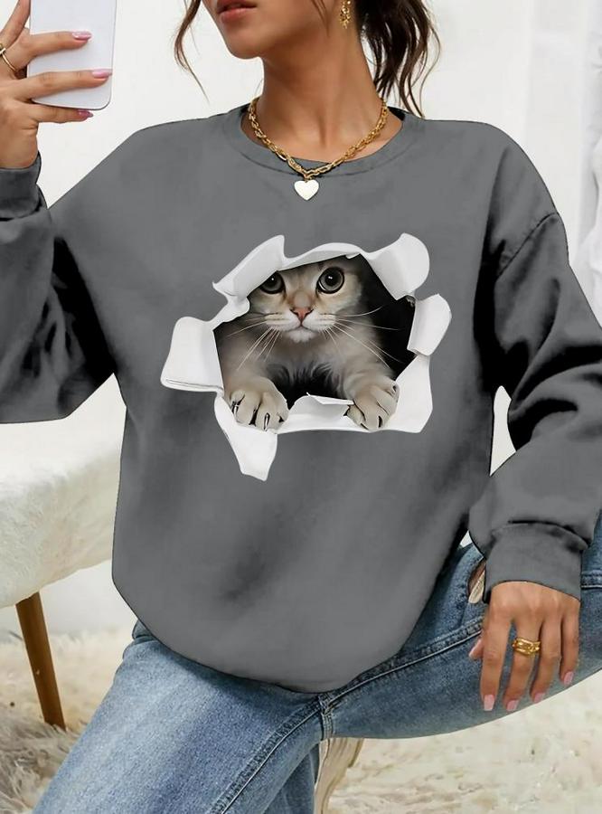 Uzun Kollu Bisiklet Yaka Kedi Desenli Viskon Iki Iplik Bluz
