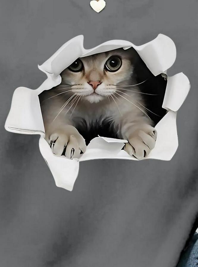Uzun Kollu Bisiklet Yaka Kedi Desenli Viskon Iki Iplik Bluz
