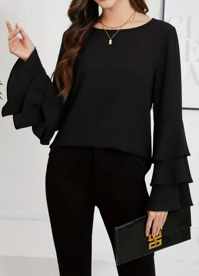 Uzun Kollu Bisiklet Yaka Kollar Ispanyol Volanlı Sandy Bluz