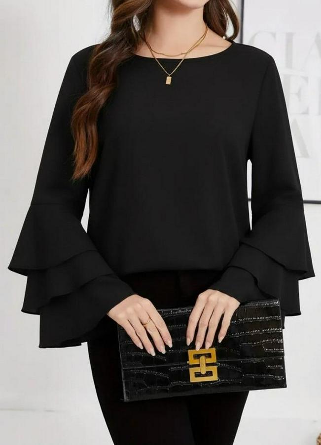 Uzun Kollu Bisiklet Yaka Kollar Ispanyol Volanlı Sandy Bluz