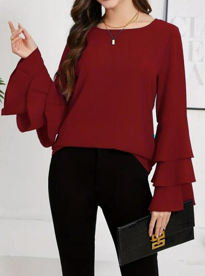 Uzun Kollu Bisiklet Yaka Kollar Ispanyol Volanlı Sandy Bluz