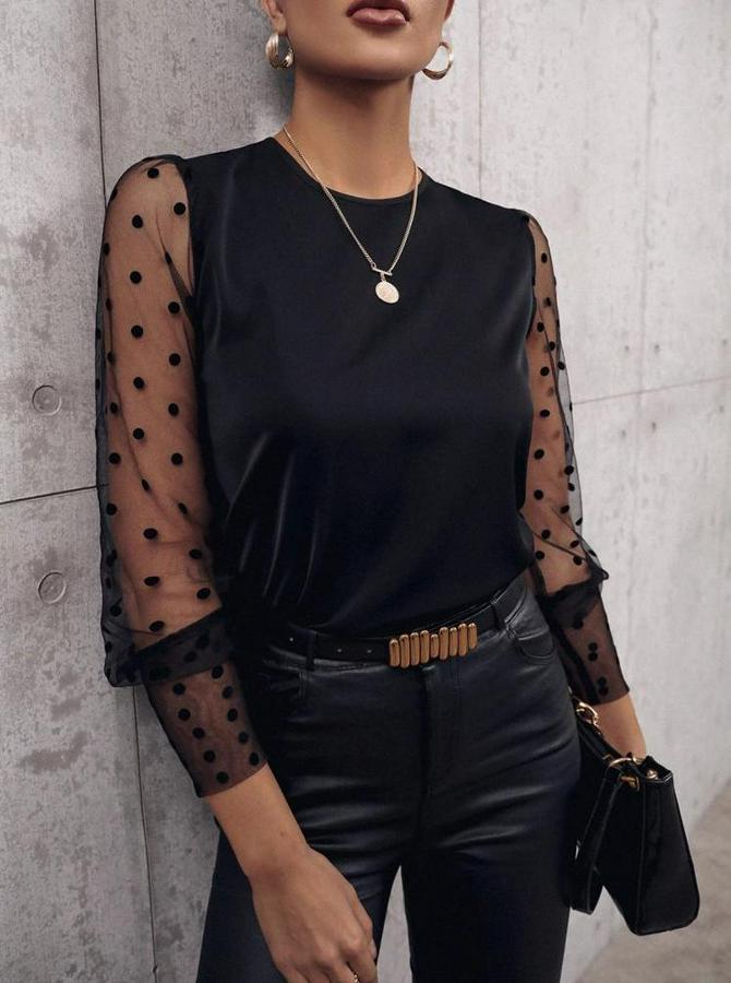 Uzun Kollu Bisiklet Yaka Kollar Puantiyeli Tül Detaylı Sandy Bluz