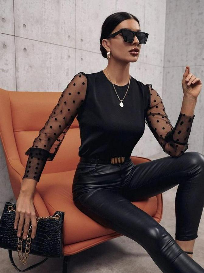 Uzun Kollu Bisiklet Yaka Kollar Puantiyeli Tül Detaylı Sandy Bluz