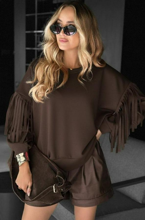 Uzun Kollu Bisiklet Yaka Kolları Püsküllü Modal Bluz