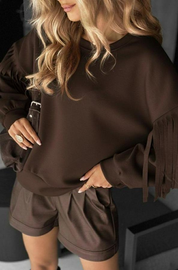 Uzun Kollu Bisiklet Yaka Kolları Püsküllü Modal Bluz