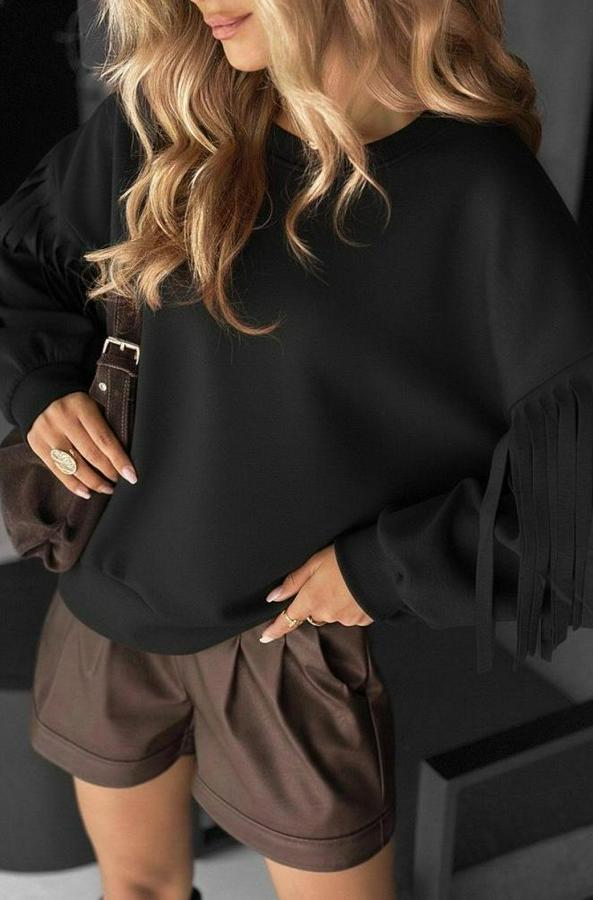Uzun Kollu Bisiklet Yaka Kolları Püsküllü Modal Bluz