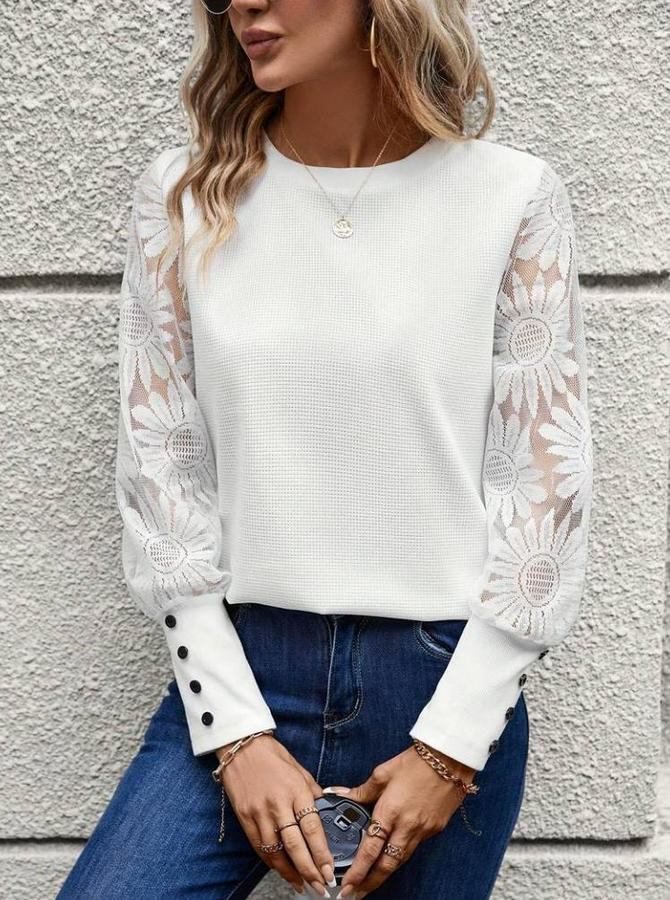 Uzun Kollu Bisiklet Yaka Kolları Çiçekli Waffle Bluz