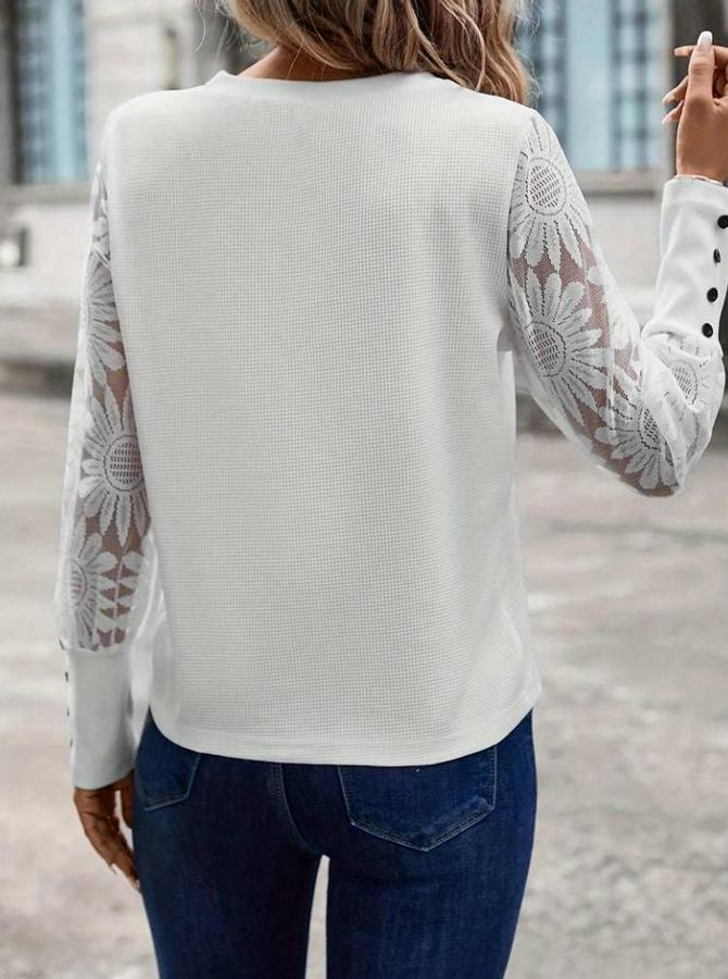 Uzun Kollu Bisiklet Yaka Kolları Çiçekli Waffle Bluz