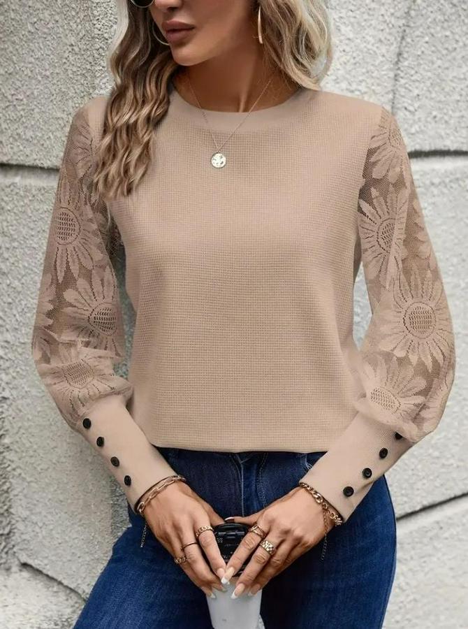 Uzun Kollu Bisiklet Yaka Kolları Çiçekli Waffle Bluz