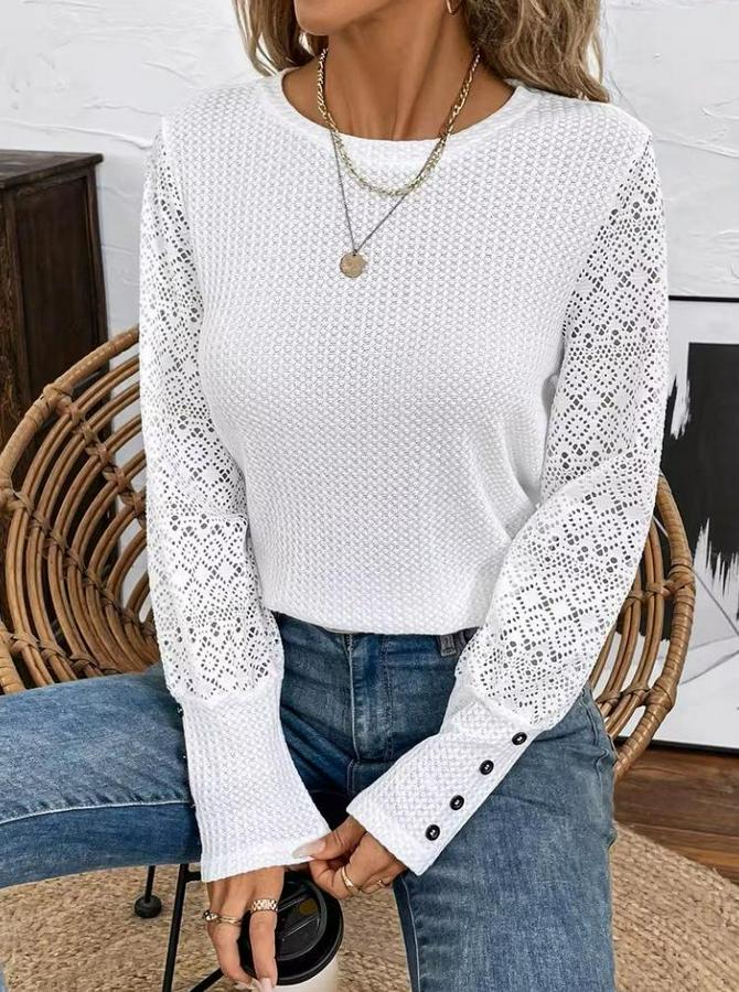 Uzun Kollu Bisiklet Yaka Kolları Tüllü Waffle Bluz