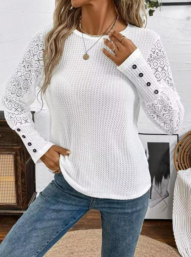 Uzun Kollu Bisiklet Yaka Kolları Tüllü Waffle Bluz