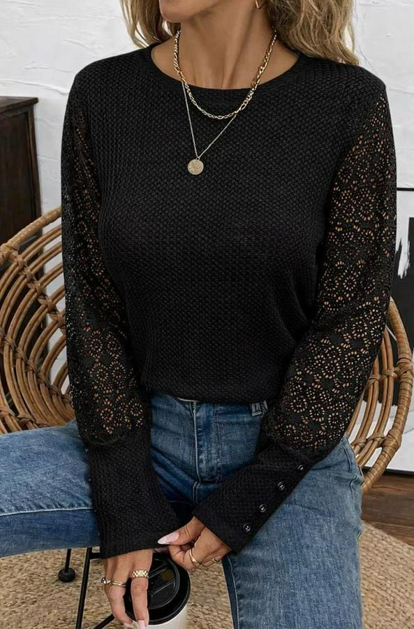Uzun Kollu Bisiklet Yaka Kolları Tüllü Waffle Bluz