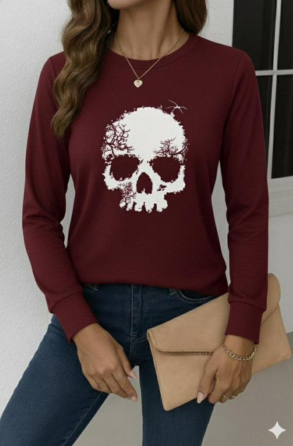 Uzun Kollu Bisiklet Yaka Kurukafa Desenli Viskon Bluz