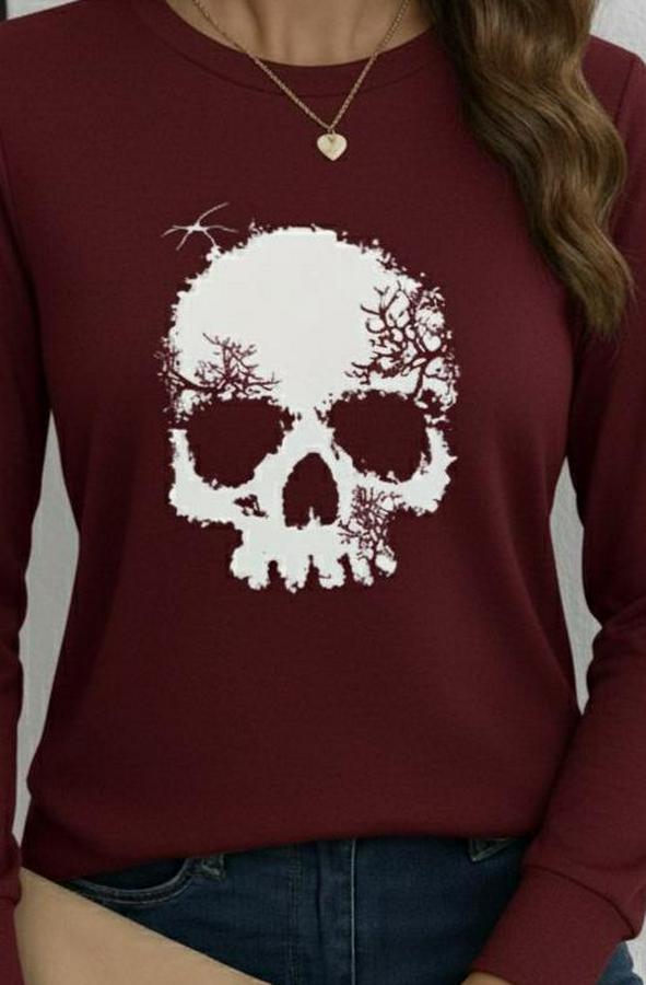 Uzun Kollu Bisiklet Yaka Kurukafa Desenli Viskon Bluz