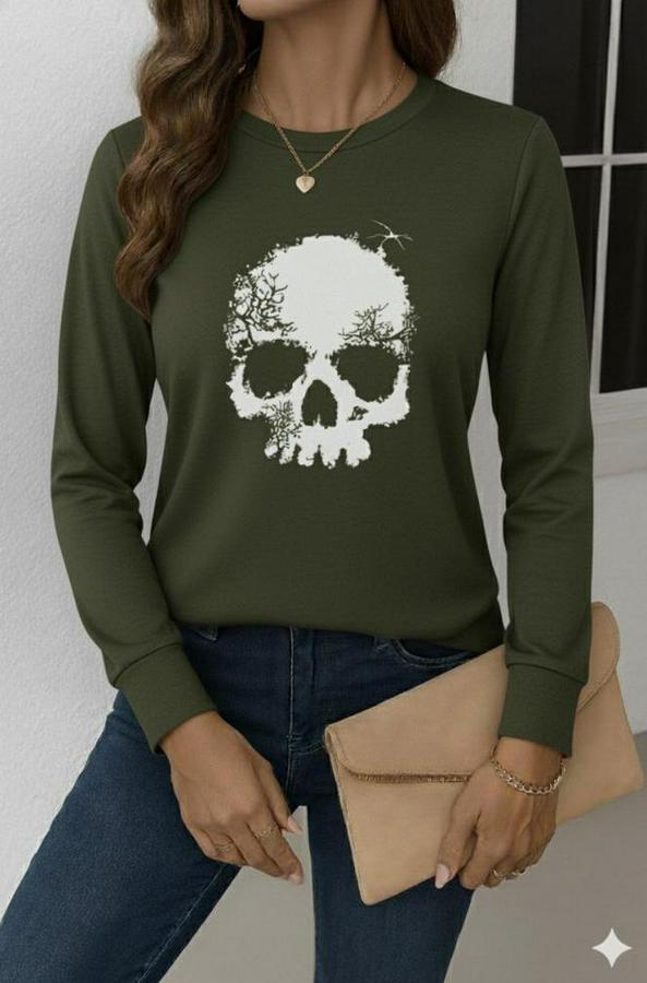 Uzun Kollu Bisiklet Yaka Kurukafa Desenli Viskon Bluz