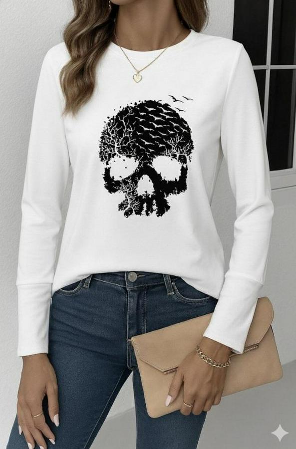 Uzun Kollu Bisiklet Yaka Kurukafa Desenli Viskon Bluz