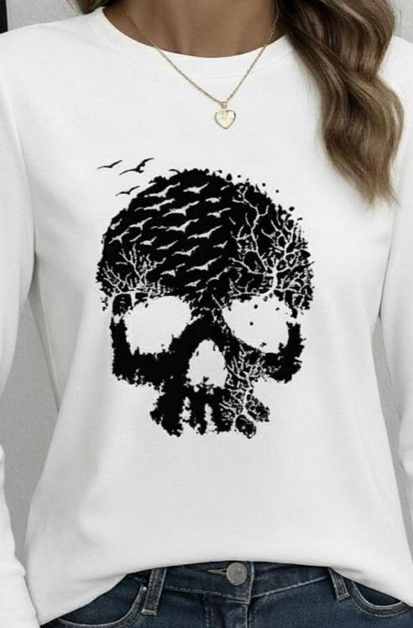 Uzun Kollu Bisiklet Yaka Kurukafa Desenli Viskon Bluz