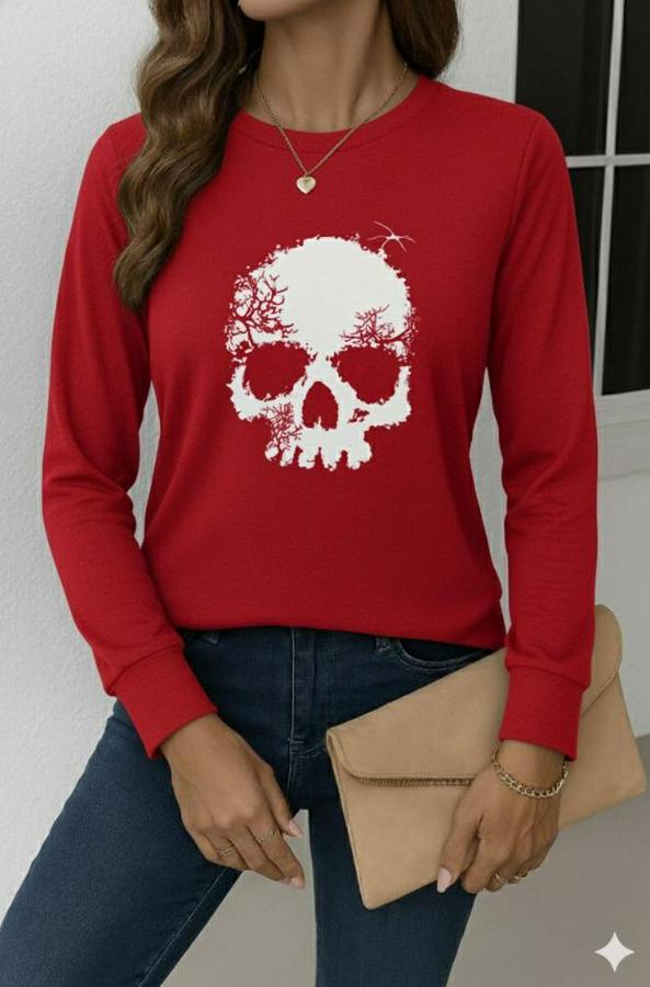 Uzun Kollu Bisiklet Yaka Kurukafa Desenli Viskon Bluz