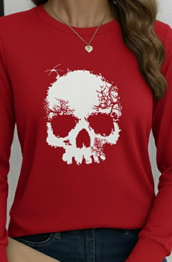 Uzun Kollu Bisiklet Yaka Kurukafa Desenli Viskon Bluz