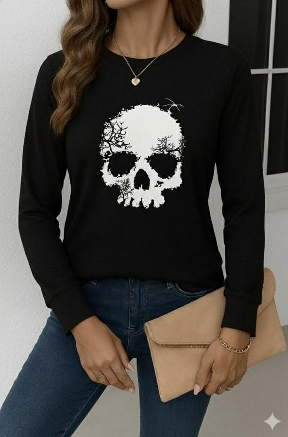 Uzun Kollu Bisiklet Yaka Kurukafa Desenli Viskon Bluz