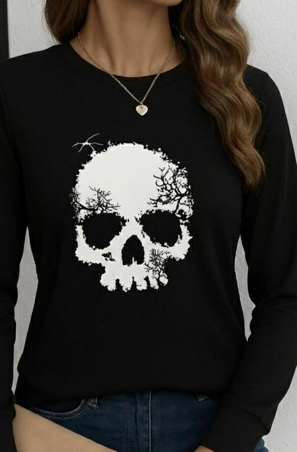 Uzun Kollu Bisiklet Yaka Kurukafa Desenli Viskon Bluz