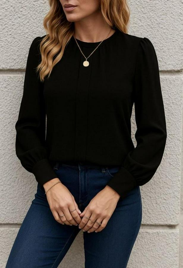 Uzun Kollu Bisiklet Yaka Pileli Ithal Krep Bluz