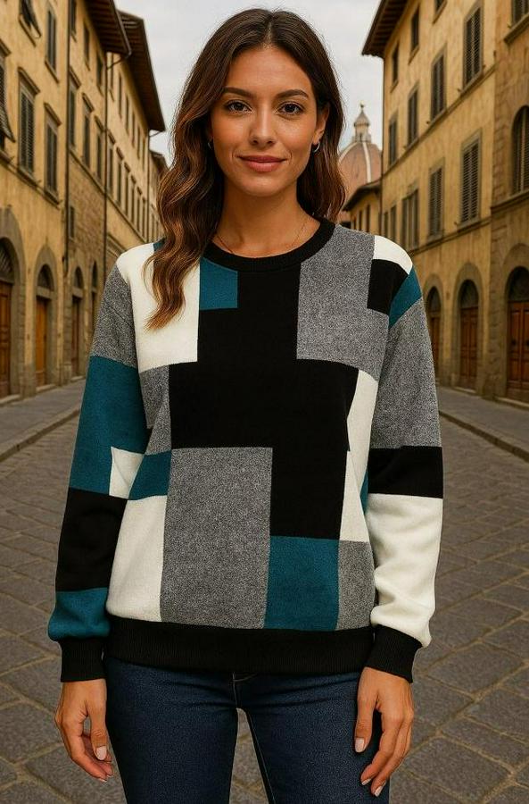 Uzun Kollu Bisiklet Yaka Renkli Blok Baskı Dalgıç Bluz